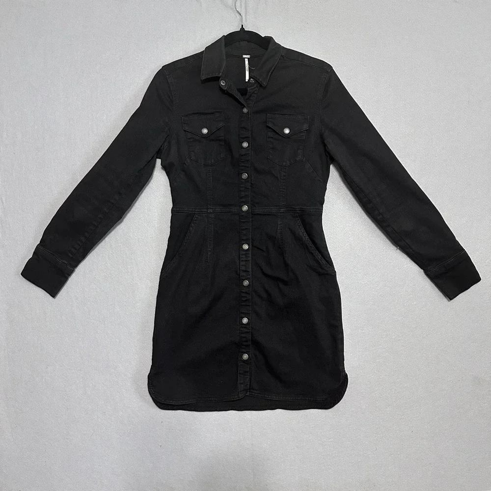 Free People Black Denim Button Down Mini Dress Long Sleeve Size M